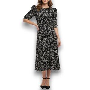 ISABEL MARANT Black Floral Geometric Ruched Silk Midi Dress